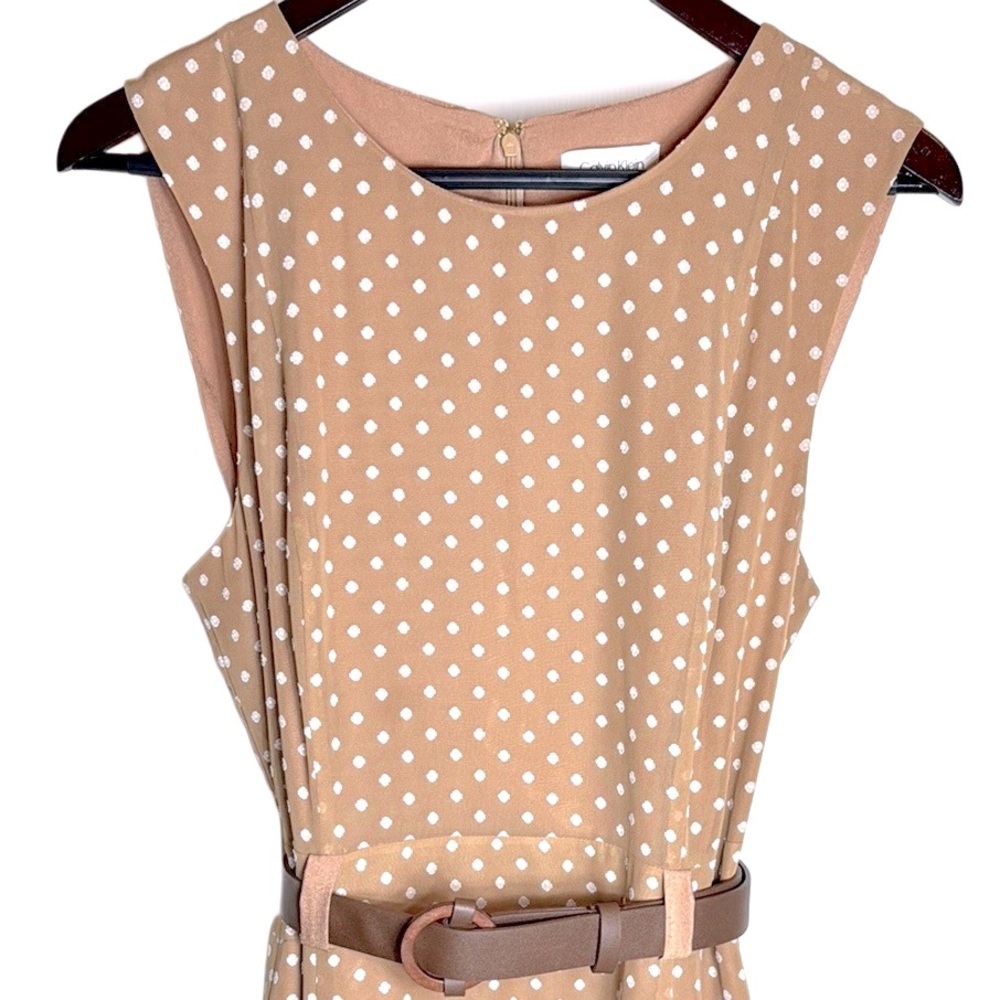 Calvin Klein Tan Polka Dot Belted Handkerchief Hem Midi Sleeveless Dress Size 14 - Picture 5 of 17